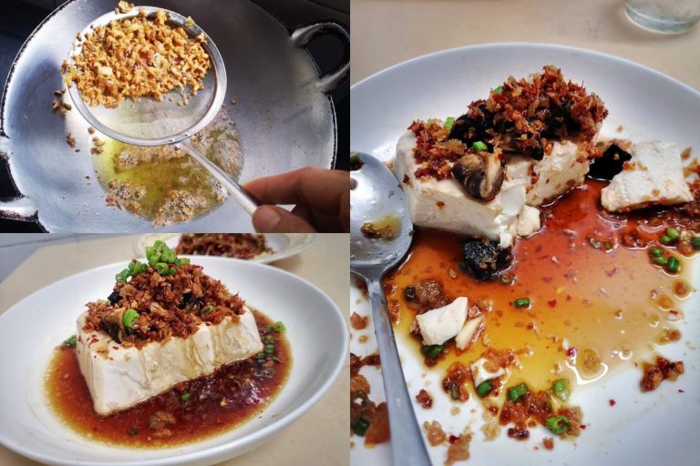 Tofu lembut kukus, sedap makan dengan nasi ayam. Tabur dengan udang kering…sedapnya