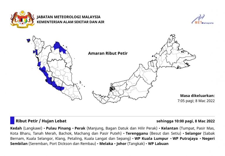 Ribut petir, hujan lebat dan angin kencang di beberapa negeri hingga 10 pagi ini