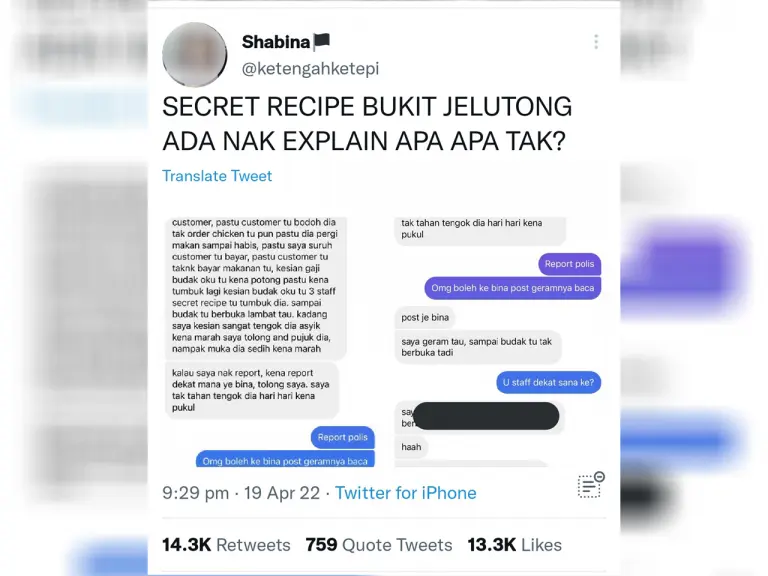 Dakwaan pekerja OKU Secret Recipe Bukit Jelutong dipukul palsu, kata polis