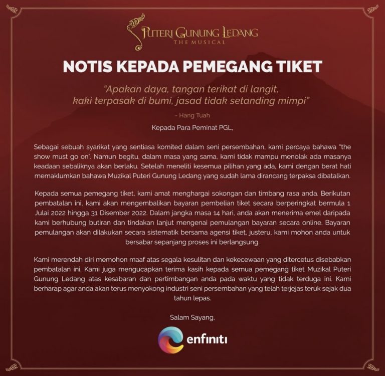 Pementasan Muzikal Puteri Gunung Ledang dibatalkan