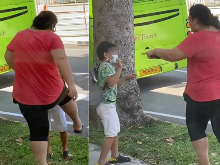Wanita baju merah tendang, tengking budak di tepi jalan