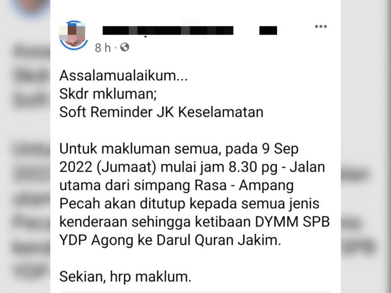 Polis nafi Jalan Simpang Rasa-Ampang Pecah ditutup