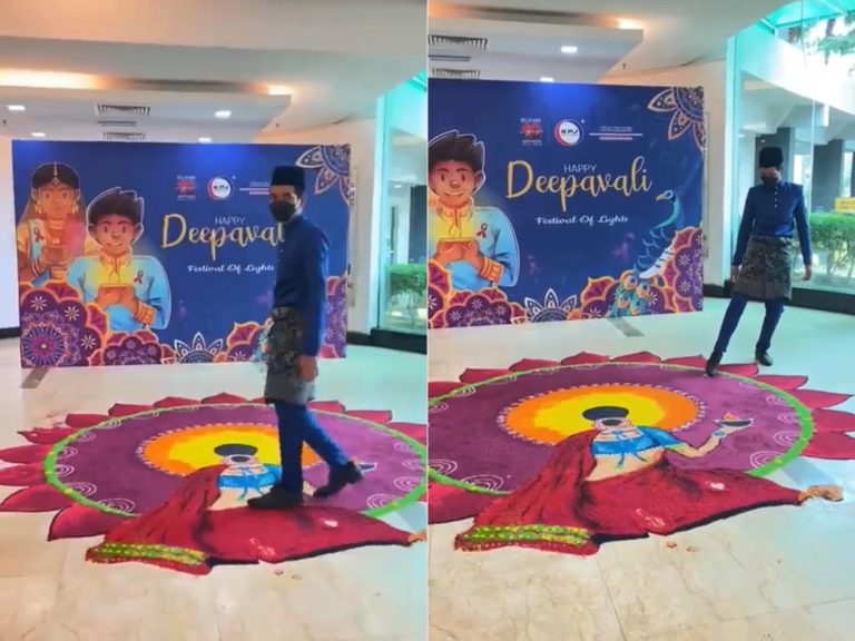Pemuda berbaju Melayu selamba rosakkan hiasan kolam Deepavali