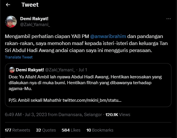 Pengguna Twitter buat ciapan biadab terhadap Abdul Hadi mohon maaf