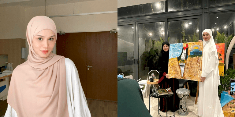 Mimi Lana bida lukisan Ustazah Asni Mansor, hasil jualan  bernilai RM3,600 disumbangkan kepada rakyat Palestin