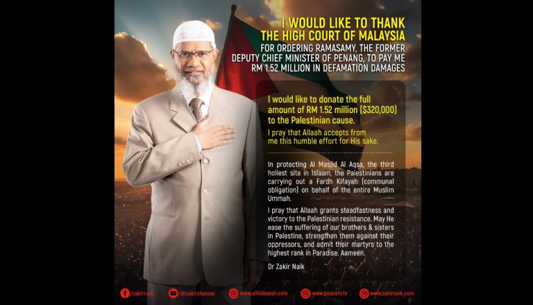 Zakir Naik sumbang RM1.52 juta wang menang saman Ramasamy kepada Palestin