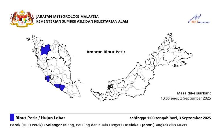 MetMalaysia keluarkan amaran ribut petir di empat negeri