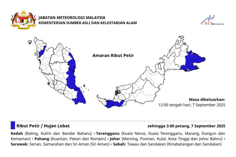 METMalaysia keluar amaran ribut petir di enam negeri