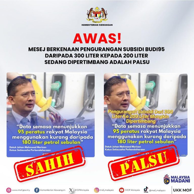 Mesej pengurangan subsidi BUDI95 kepada 200 liter palsu – MOF