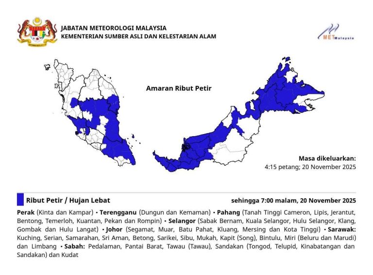 MetMalaysia keluar amaran ribut petir di tujuh negeri