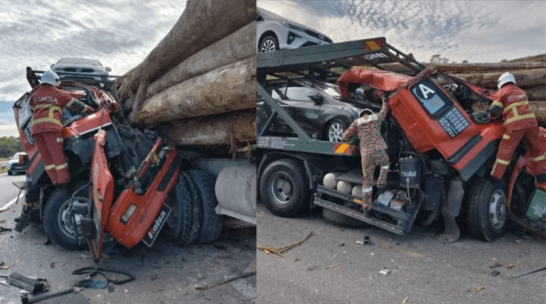 Treler muatan kereta rempuh treler balak di Jalan Sibu-Bintulu