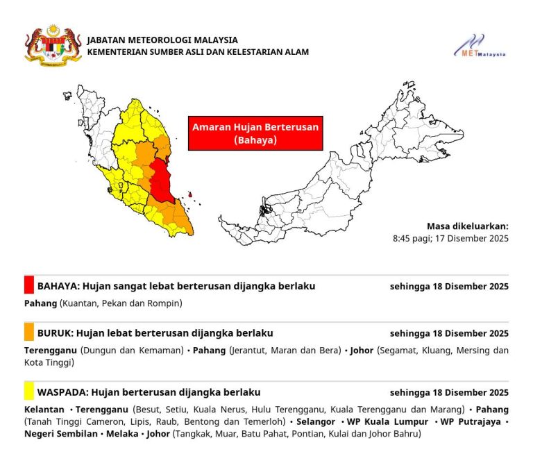 Hujan lebat berterusan hingga esok, tahap bahaya di Pahang – MetMalaysia