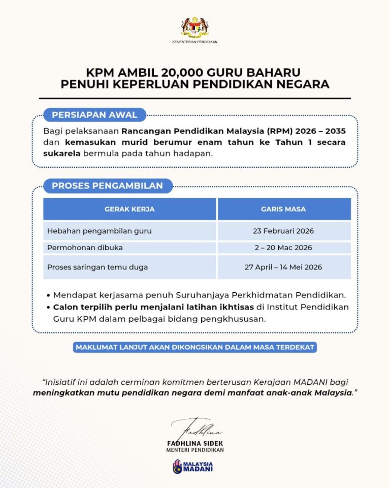 KPM buka pengambilan 20,000 guru bagi pelaksanaan Rancangan Pendidikan Malaysia